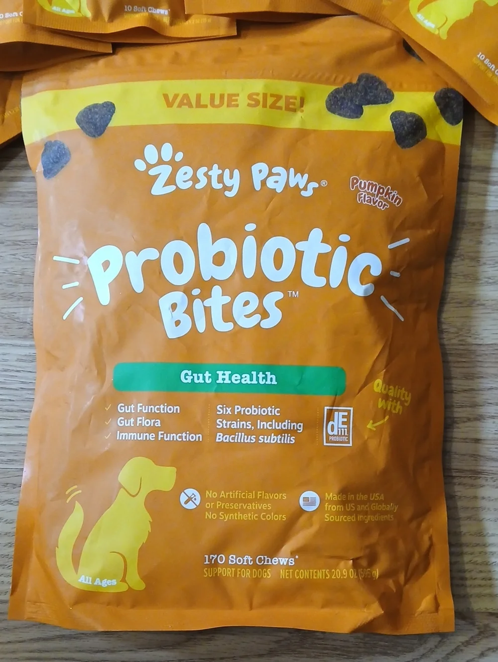 Zesty Paws Probiotic Bites Gut Health Pumpkin Flavor Soft Chews Four Dogs